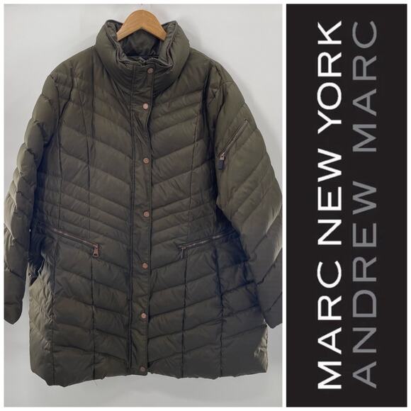 Marc New York Down Feather Quilted Puffer Long Line Jacket Army Green Size 2X - Picture 1 of 12